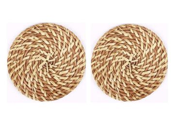 Set Of 2 Natural Round Rattan Placemats Insulation Pad,Natural Color,16 CM