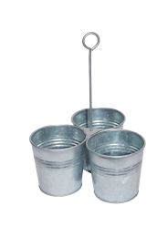 Galvanized Metal Cutlery Holder with Three Buckets and Ring Holder, Gray