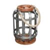 DunaWest Wooden Base Bellied Shape Industrial Hanging Galvanized Lantern with Rope Handle, Gray