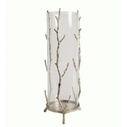 DunaWest Cylindrical Glass Lantern with Metal Branch Like Body, Medium, Silver