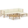 5 Piece Garden Lounge Set with Cream White Cushions Bamboo