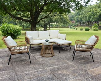 6PCS Outdoor Patio Balcony Natural Color Wicker Sofa Chair Set with Beige Cushion And Round Tempered Glass Table