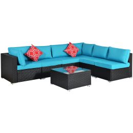 Outdoor Garden Patio Furniture 7-Piece PE Rattan Wicker Sectional Cushioned Sofa Sets with 2 Pillows and Coffee Table