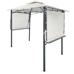 13Ft.Lx4.5Ft.W Iron Double Tiered Backyard Patio BBQ Grill Gazebo with Bar Counters&Extendable Shades, White