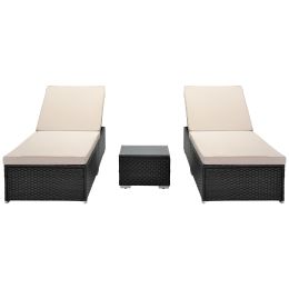 Outdoor Garden 3 Piece Wicker Patio Chaise Lounge Set Adjustable PE Rattan Reclining Chairs with Cushions and Side Table.