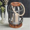 DunaWest Wooden Base Bellied Shape Industrial Hanging Galvanized Lantern with Rope Handle, Gray