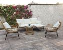 6PCS Outdoor Patio Balcony Natural Color Wicker Sofa Chair Set with Beige Cushion And Round Tempered Glass Table