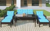 6-Piece Outdoor Patio PE Wicker Rattan Sofa Set Dining Table Set with Removable Cushions and Tempered Glass Tea Table for Backyard, Poolside, Deck