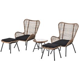 Outdoor Patio 5-Piece Rattan Conversation Set, PE Wicker Arm Chairs with Stools and Tempered Glass Tea Table for Balcony, Natural Rattan+Dark Gray