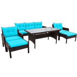 6-Piece Outdoor Patio PE Wicker Rattan Sofa Set Dining Table Set with Removable Cushions and Tempered Glass Tea Table for Backyard, Poolside, Deck