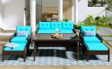 6-Piece Outdoor Patio PE Wicker Rattan Sofa Set Dining Table Set with Removable Cushions and Tempered Glass Tea Table for Backyard, Poolside, Deck