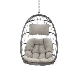 Indoor Outdoor Wicker Rattan Swing Chair Hammock chair Hanging Chair with Aluminum Frame and Grey Cushion Without Stand 265LBS Capacity