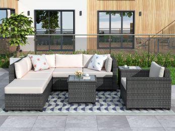 8 Piece Rattan Sectional Seating Group with Cushions, Patio Furniture Sets, Outdoor Wicker Sectional (Color: Beige)