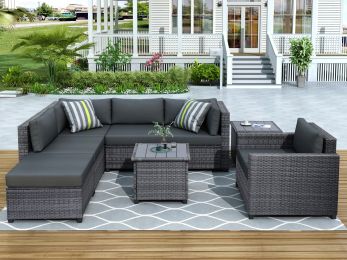 8 Piece Rattan Sectional Seating Group with Cushions, Patio Furniture Sets, Outdoor Wicker Sectional (Color: Grey)