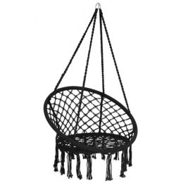 Comfortable And Safe Hanging Hammock Chair With Handwoven Macrame Cotton Backrest (Color: Black, Type: Hammock Chair)