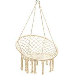 Comfortable And Safe Hanging Hammock Chair With Handwoven Macrame Cotton Backrest (Color: Natural, Type: Hammock Chair)