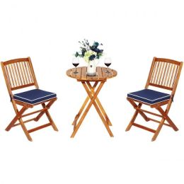 3 Pieces Patio Folding Wooden Bistro Set Cushioned Chair (Color: navy)