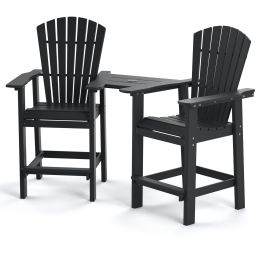 Patio Bar Stools Adirondack Arm Chairs Set of 2, All Weather Outdoor Furniture Wood-Like HDPE Deck Backyard Garden Dining Chairs, Beach Balcony Chair (Color: Black)