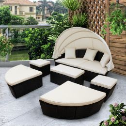 Outdoor rattan daybed sunbed with Retractable Canopy Wicker Furniture, Round Outdoor Sectional Sofa Set, black Wicker Furniture Clamshell Seating with (Color: Beige)