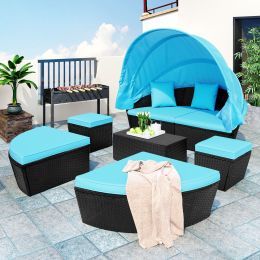 Outdoor rattan daybed sunbed with Retractable Canopy Wicker Furniture, Round Outdoor Sectional Sofa Set, black Wicker Furniture Clamshell Seating with (Color: Blue)