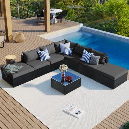 8-Pieces Outdoor Patio Furniture Sets, Garden Conversation Wicker Sofa Set, Single Sofa Combinable, Beige Cushions Gray Wicker (Color: Gray)