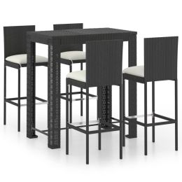 5 Piece Outdoor Bar Set with Cushions Poly Rattan Black (Color: Black)