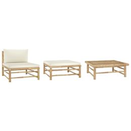 3 Piece Garden Lounge Set with Cream White Cushions Bamboo (Color: brown)