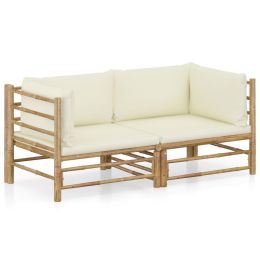 2 Piece Garden Lounge Set with Cream White Cushions Bamboo (Color: brown)