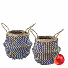 Seagrass Belly Basket w Handles, Beaded Planters Pot Cover for Indoor plants, Wicker Hampers for Laundry, Decorative Basket for Farmhouse Decor, Set 2 (Color: Blue zigzag, size: large)