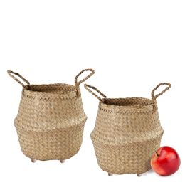 Seagrass Belly Basket w Handles, Beaded Planters Pot Cover for Indoor plants, Wicker Hampers for Laundry, Decorative Basket for Farmhouse Decor, Set 2 (Color: Natural, size: small)