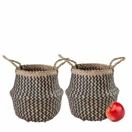 Seagrass Belly Basket w Handles, Beaded Planters Pot Cover for Indoor plants, Wicker Hampers for Laundry, Decorative Basket for Farmhouse Decor, Set 2 (Color: Black zigzag, size: small)