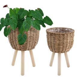 Wicker Planter Basket w Removable Legs for Indoor and Outdoor - All Weather Woven Flower Pots Cover , Planter Pot Container - Plant Stand (Option: Set 2, Color: Seagrass)