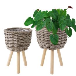 Wicker Planter Basket w Removable Legs for Indoor and Outdoor - All Weather Woven Flower Pots Cover , Planter Pot Container - Plant Stand (Option: Set 2, Color: Faux Seagrass)