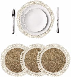 Set of 4 Round Seagrass Placemat with Fringe | Hand Woven Soft Thick Table Mats Set For Party & Dining (Color: Natural Color)