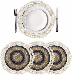 Set of 4 Round Seagrass Placemat with Fringe | Hand Woven Soft Thick Table Mats Set For Party & Dining (Color: Mixed Color)