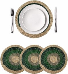 Set of 4 Round Jute Placemat Anti Slip Hand Woven Thick Table Mats, Heat Resistant Kitchen Charger Plates Alternative (Color: Forest Green)