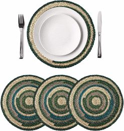 Set of 4 Round Jute Placemat Anti Slip Hand Woven Thick Table Mats, Heat Resistant Kitchen Charger Plates Alternative (Color: Ocean Blue)