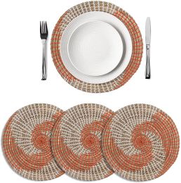 Set of 4 Round Seagrass Placemat | Wicker Circular Dining Table Mats Set, Heat Resistant Cork Charger Plates (Color: Orange)