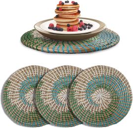 Set of 4 Round Seagrass Placemat | Wicker Circular Dining Table Mats Set, Heat Resistant Cork Charger Plates (Color: Green)